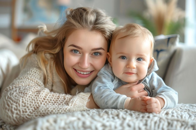 La madre con il suo bambino sdraiato sul divano a casa Sta giocando con lui mentre gli tiene i piedi e lo guarda sorridendo