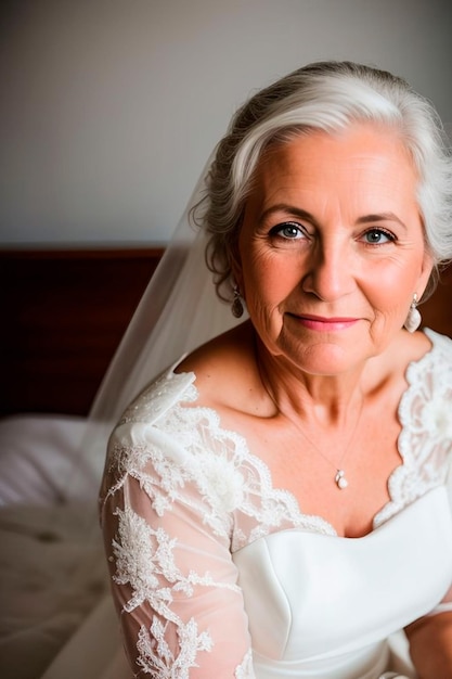 La madre della sposa sta guardando la telecamera.