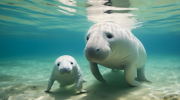 La madre Dugong insegna al bambino a nuotare