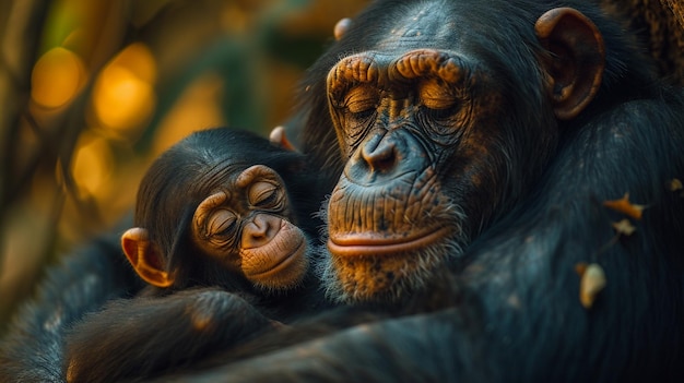 La madre scimpanzé con il suo piccolo bambino