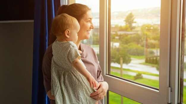 La madre sorridente mostra la città pittoresca della ragazza del bambino fuori