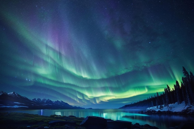 La maestosa aurora boreale illumina il cielo notturno sopra montagne serene e un lago scintillante