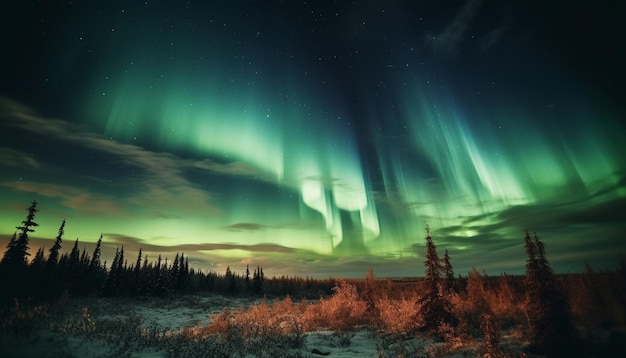 La maestosa catena montuosa illuminata dall'aurora polare generata dall'IA