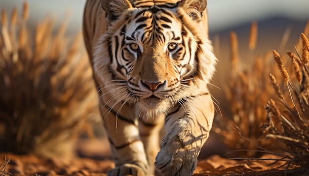 La maestosa tigre del Bengala che cammina nella natura selvaggia con lo sguardo ferocemente generato dall'intelligenza artificiale