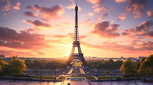 la maestosa Torre Eiffel contro un cielo al tramonto