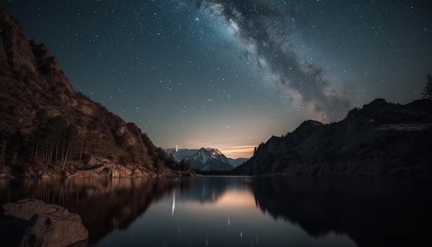 La maestosa vetta della montagna della scena tranquilla riflette la bellezza del cielo notturno stellato generata dall'intelligenza artificiale