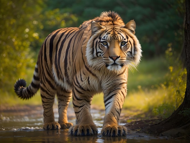 La maestosità della natura Un maestoso grande felino fissa la sua pelliccia a strisce che riflette la bellezza selvaggia