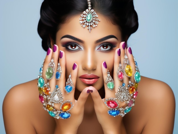 La magia delle unghie Una ragazza indiana dimostra l'arte degli accessori per unghie in una pubblicità di bellezza