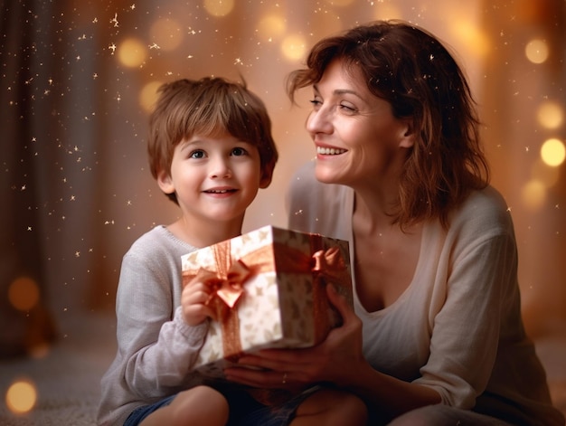 La magia natalizia dell'intelligenza artificiale generativa è una donna con una famiglia felice, madre e figlio