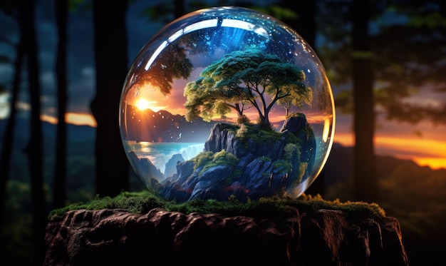 La magica sfera di cristallo racchiude un affascinante paesaggio da sogno invitando all'esplorazione del design dell'immaginazione