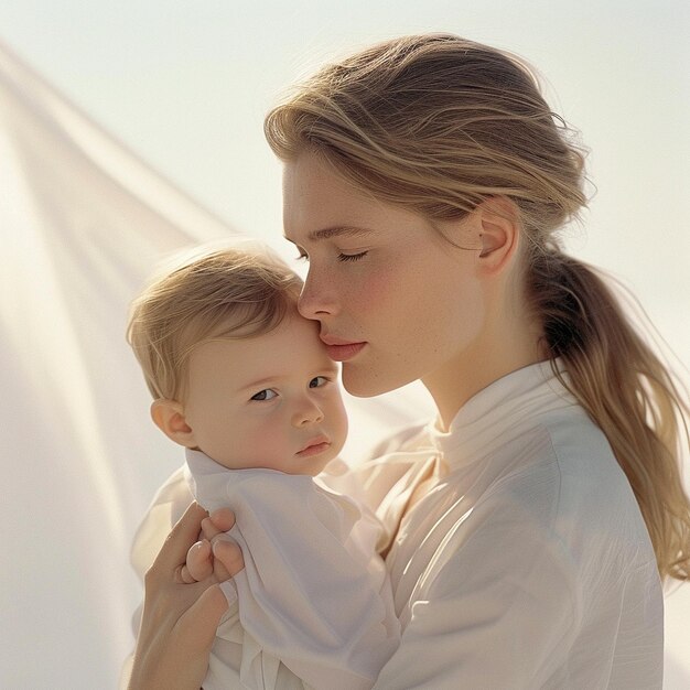 La mamma abbraccia dolcemente il suo bambino Cucina foto di famiglia