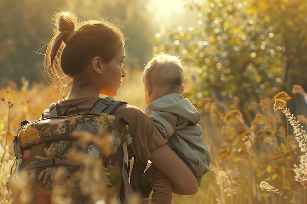 La mamma aiuta il suo bambino ad esplorare la natura in un carrello per bambini