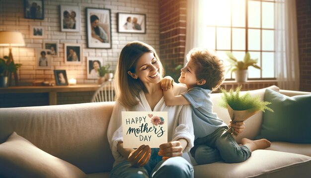 La mamma del giorno della madre abbraccia il suo bambino la felice festa della madre li circonda dolcemente facendo eco dell'amore nel loro caldo abbraccio