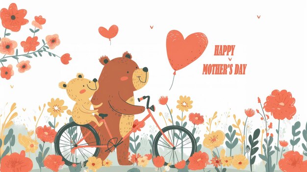 La mamma orso insegna al piccolo orso carino a guidare la bicicletta Buona Festa della Madre