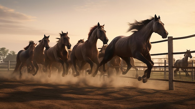 La mandria di cavalli corre nella tempesta di sabbia del deserto contro il cielo drammatico