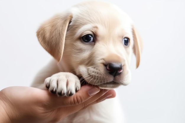 La mano accarezza il cucciolo su sfondo bianco IA generativa