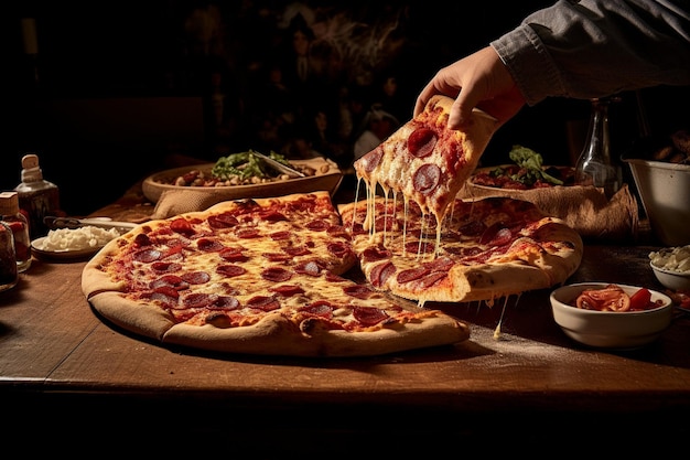 La mano che prende una fetta di pizza dalla finestra di un furgone alimentare