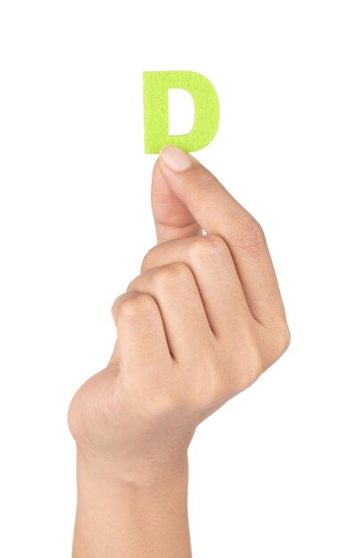La mano che tiene l'alfabeto D è fatta di feltro isolato su sfondo bianco.