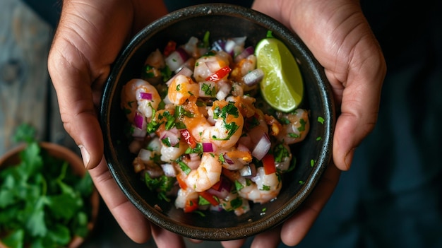 La mano che tiene un Ceviche messicano