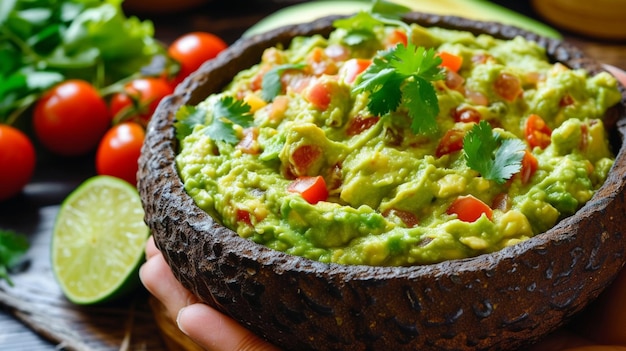 La mano che tiene un guacamole messicano