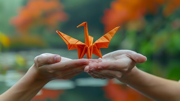 La mano che tiene una gru origami che simboleggia la pace