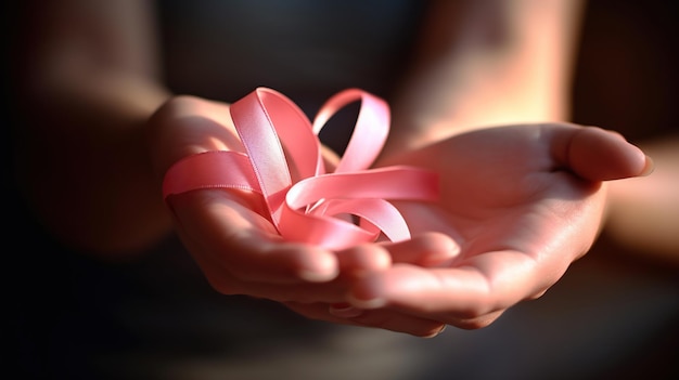 La mano con il nastro commemora la giornata del cancro