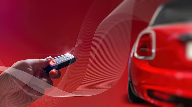 La mano degli uomini preme sull'auto rossa del telecomando intelligente con la sicurezza dei trasporti della tecnologia AR