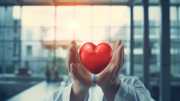 La mano del dottore che tiene una forma di cuore rosso in un ospedale donatore d'amore giornata mondiale del cuore concetto di assicurazione sanitaria AI generativa