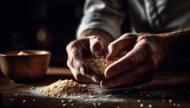 La mano del fornaio impasta la pasta fresca per il dessert fatto in casa generato dall'intelligenza artificiale