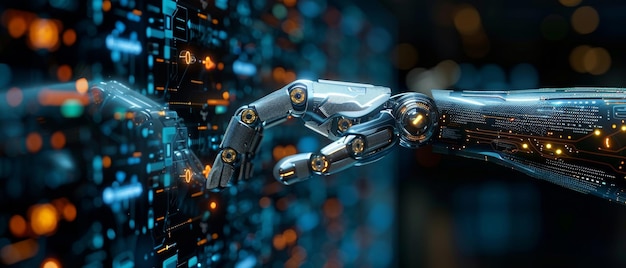 La mano del robot A39 tocca un'interfaccia moderna e la parola AI Intelligenza artificiale Tecnologia di connessione e una nuova era di innovazione Apprendimento automatico AI Tecnologia e scienza