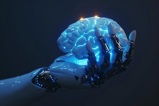 La mano del robot che tiene un cervello luminoso che simboleggia il