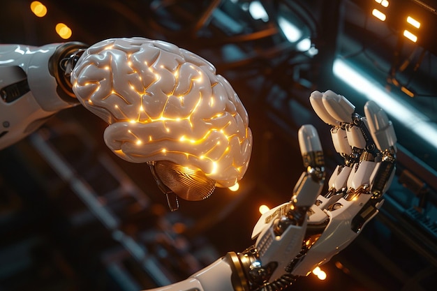 La mano del robot che tiene un cervello luminoso che simboleggia il