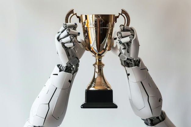 La mano del robot tiene in alto un trofeo.