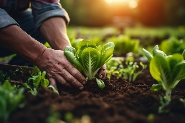 La mano dell'agricoltore che pianta giovani piantine di lattuga in orto AI