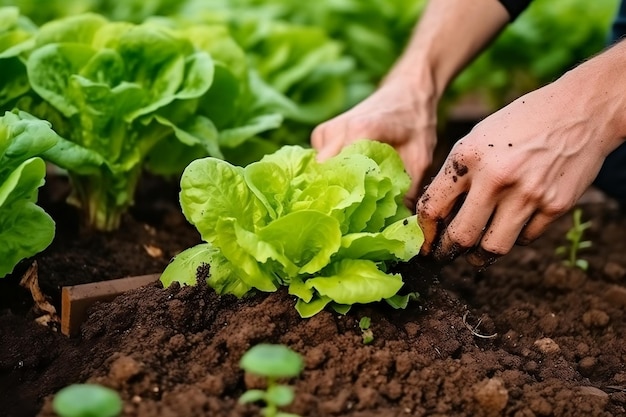 La mano dell'agricoltore che pianta giovani piantine di lattuga in orto AI