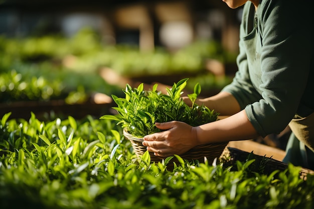 La mano dell'agricoltore che pianta giovani piantine di lattuga nel giardino ortofrutticolo