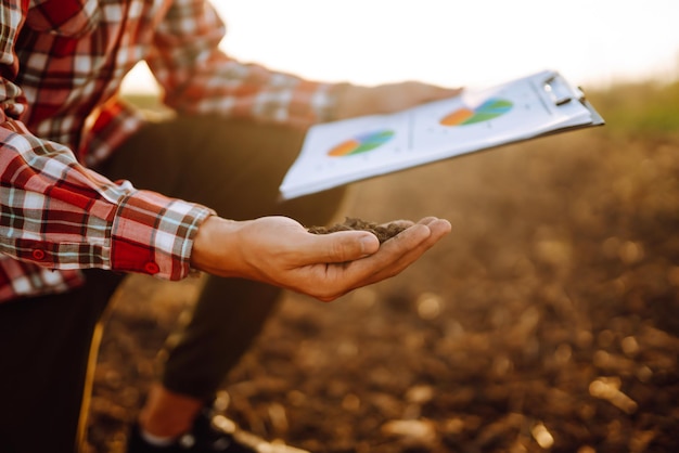 La mano dell'agricoltore esperto raccoglie il terreno e controlla la salute del suolo prima della crescita di un seme di ortaggio