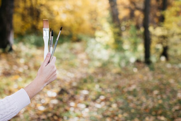 La mano dell'artista tiene i pennelli contro la foresta