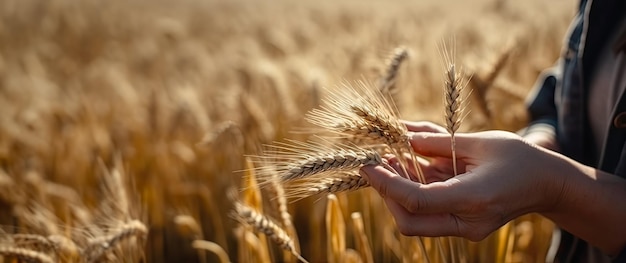 La mano dell'uomo che tiene le spighe di grano contro un campo di grano con lo spazio della copia generato dall'intelligenza artificiale del raccolto