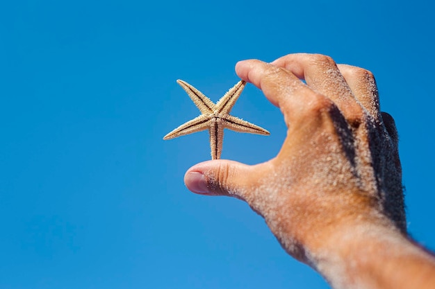 La mano dell'uomo nella sabbia tiene una stella marina contro il cielo blu