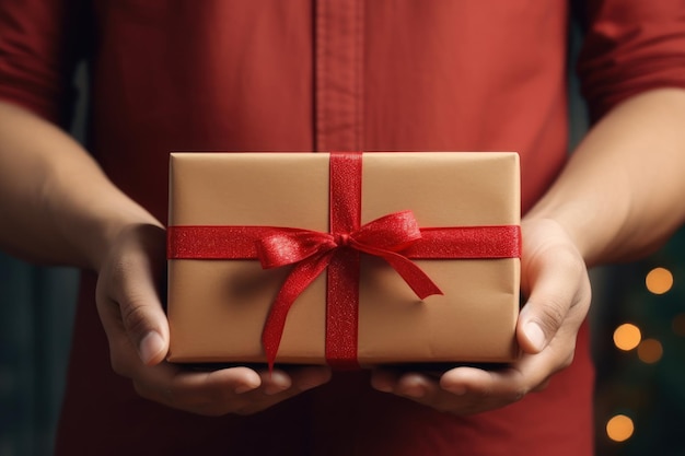 La mano dell'uomo tiene una scatola regalo che ti dà