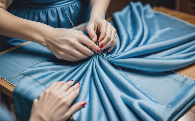 La mano della donna cuce delicatamente il tessuto blu