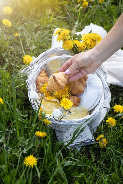 La mano della donna ha messo il croissant in un cestino da picnic in vimini whie verticale