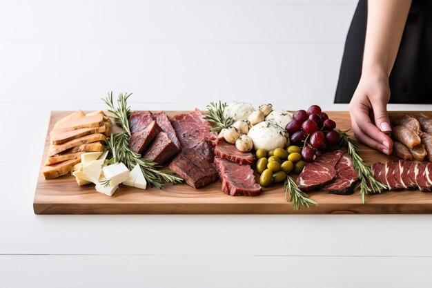 La mano della donna serve delicatamente un piatto di carne secca su una tavola di legno rustica