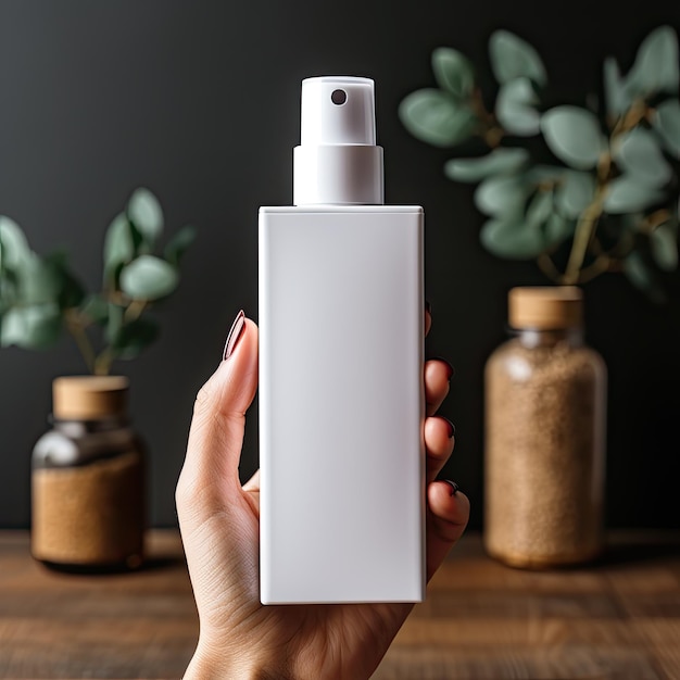 La mano della donna sta raccogliendo il fondo bianco della natura della bottiglia del mockup di imballaggio cosmetico in bianco