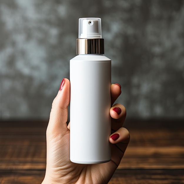 La mano della donna sta raccogliendo il fondo bianco della natura della bottiglia del mockup di imballaggio cosmetico in bianco