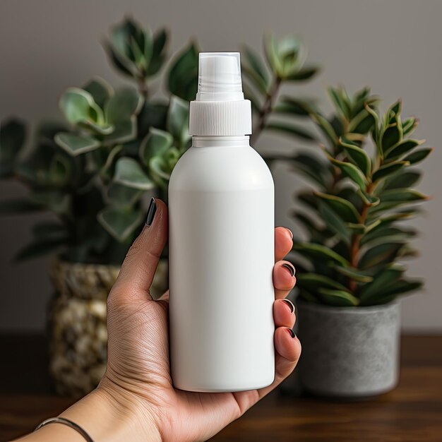 La mano della donna sta raccogliendo il fondo bianco della natura della bottiglia del mockup di imballaggio cosmetico in bianco