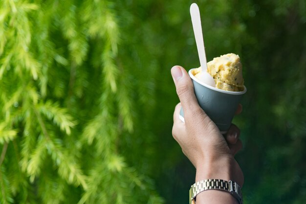 La mano della donna sta tenendo una tazza del gelato.