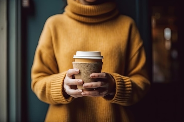 La mano della donna sveglia che tiene una tazza di caffè in bianco