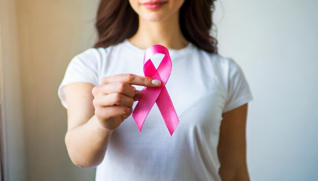 La mano della donna tiene un nastro rosa che simboleggia la consapevolezza e l'assistenza medica per il cancro al seno
